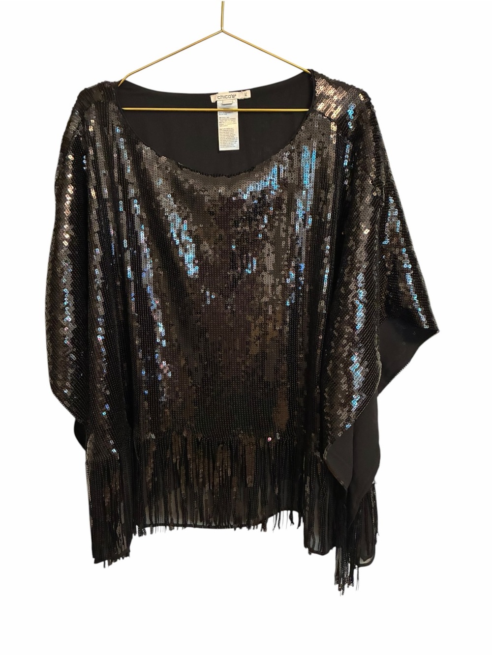 Chicos Black Sequin Fringe Poncho Top XL Shimmer Evening Party Glam